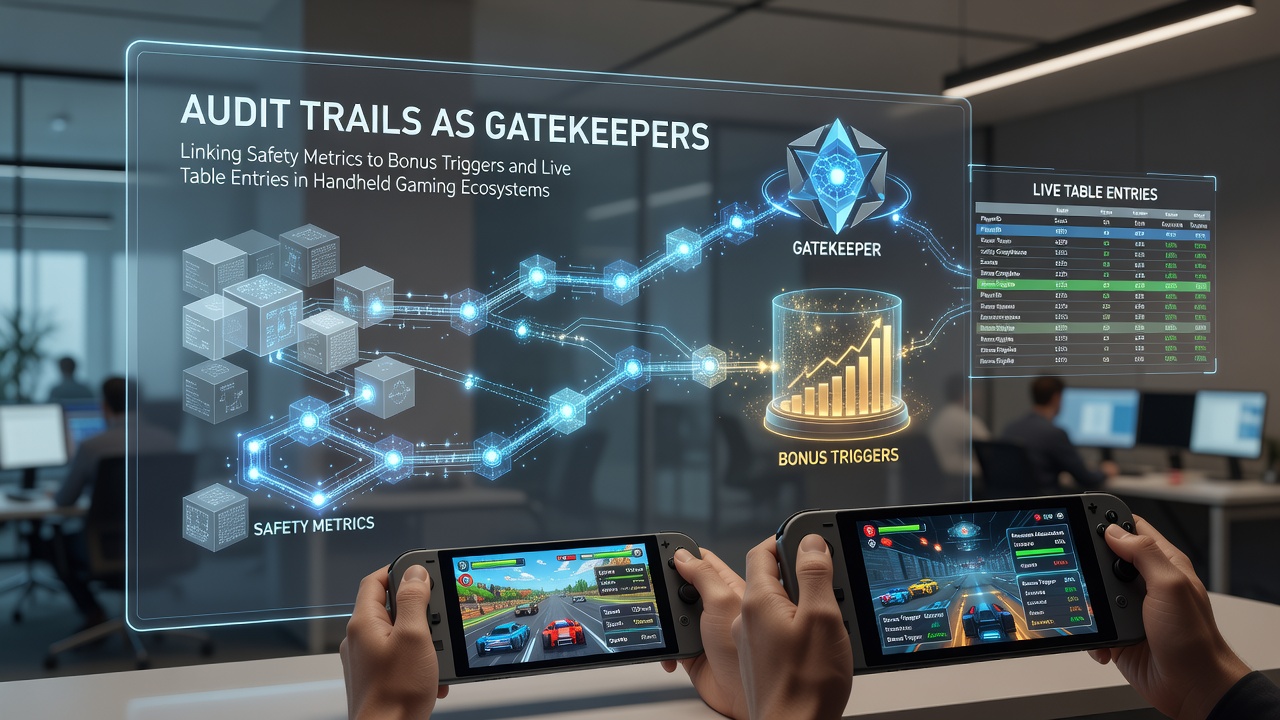 Mobile gaming interface showing audit trail verification connecting safety metrics with bonus activation and live table access