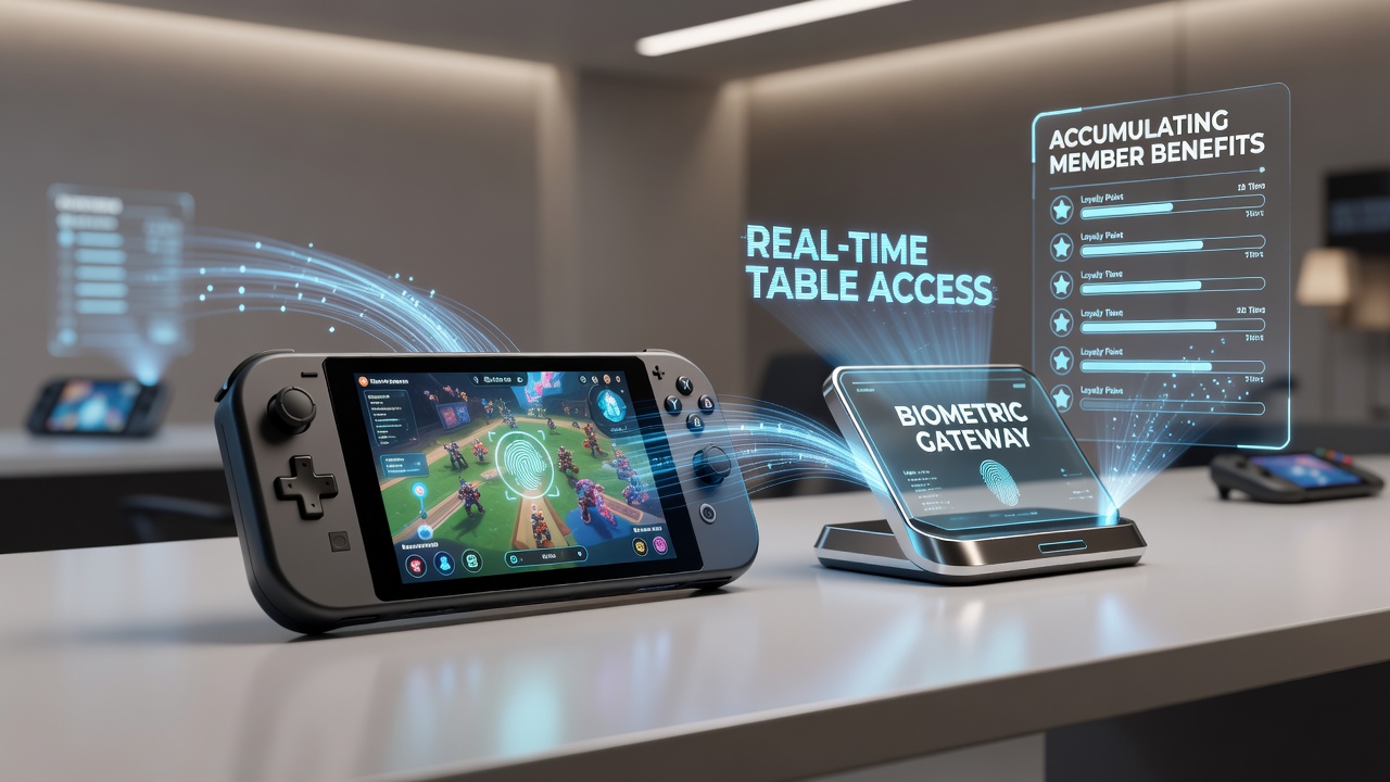 Fingerprint authentication interface on a portable gaming device showing secure transaction verification