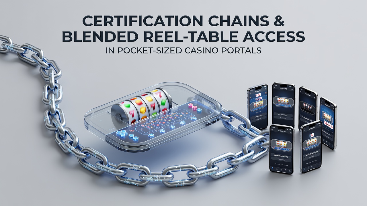 Mobile casino portal interface showing integrated slot reels and live table games with certification verification overlays