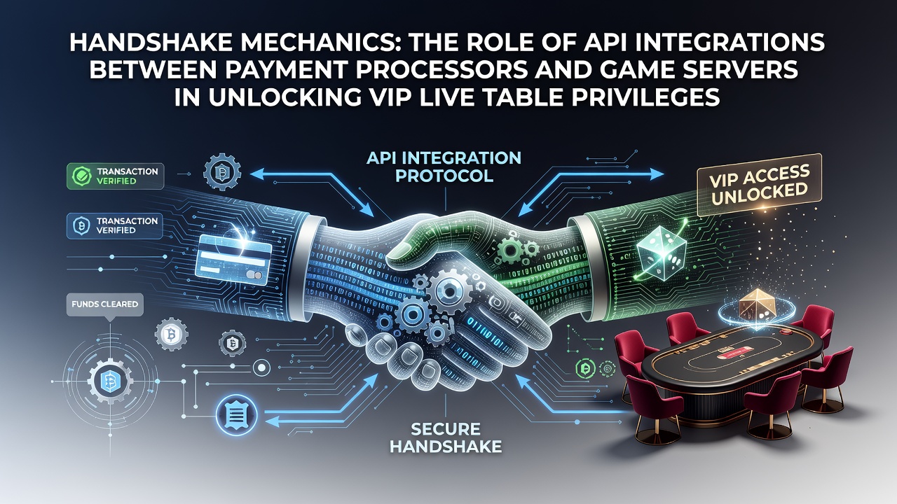 API handshake diagram showing payment processor connecting to game server for VIP live table access