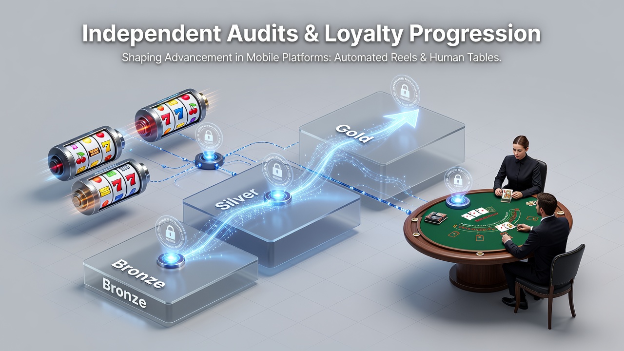 Mobile casino app interface showing loyalty tier progression alongside audit verification badges for slots and live dealer tables