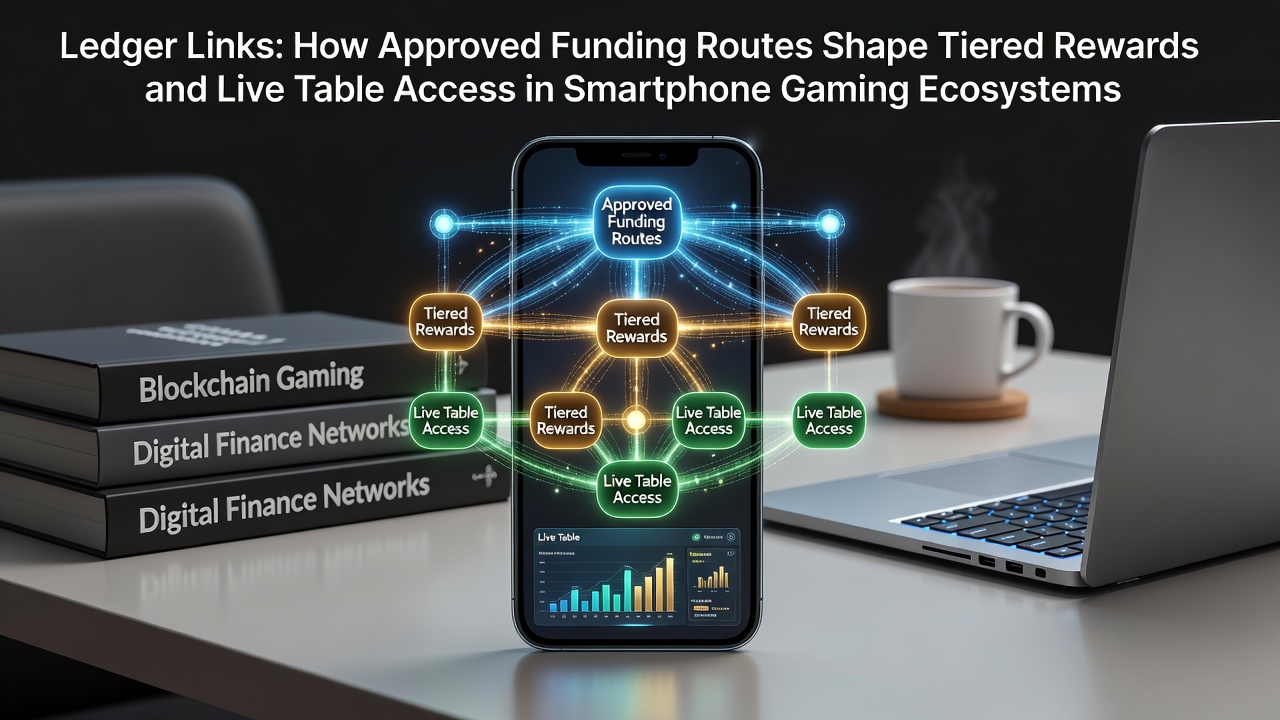 Smartphone screen displaying verified payment ledger connecting to casino reward tiers and live dealer tables
