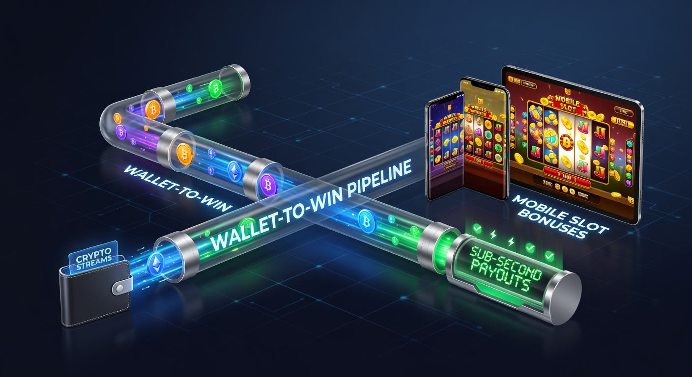 Illustration of a digital wallet connecting seamlessly to a mobile slot machine interface, with crypto streams flowing into bonus rounds and lightning-fast payout arrows